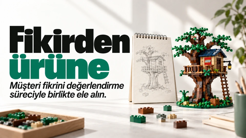 Fikirden ürüne: Taslak yapı ve tamamlanmış model. Sağdaki sahnede LEGO logosu.