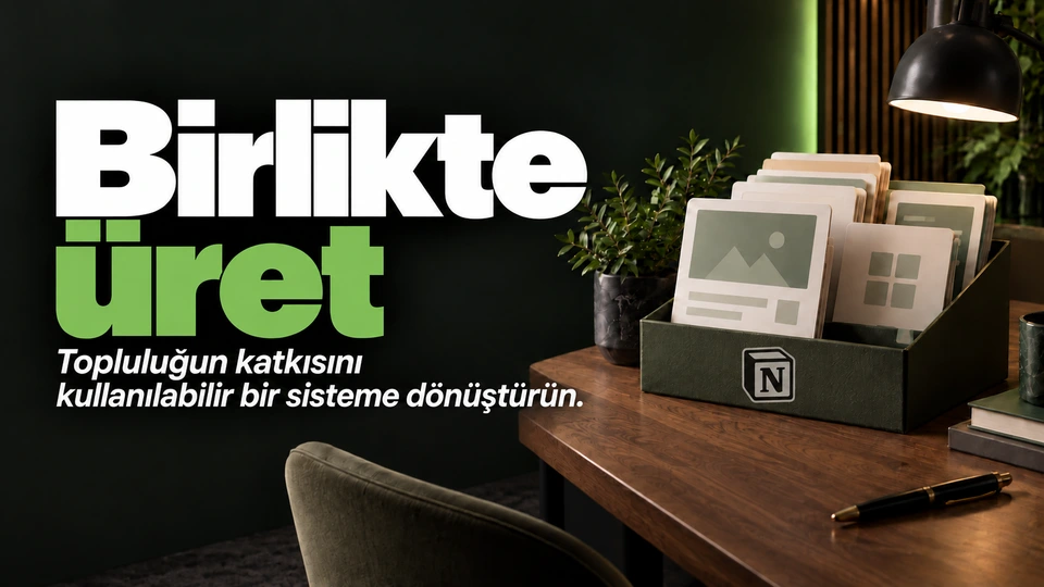 Birlikte üret: Ortak arşive eklenen şablon kartları. Sağdaki sahnede Notion logosu.
