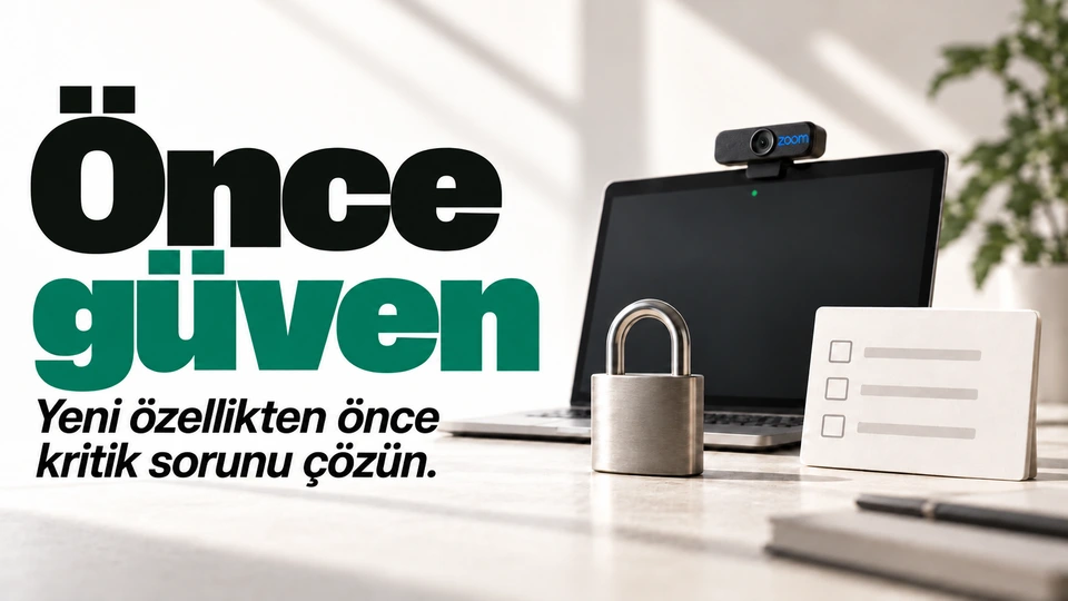 Önce güven: Kamera, kilit ve durdurulmuş görev kartı. Sağdaki sahnede Zoom logosu.