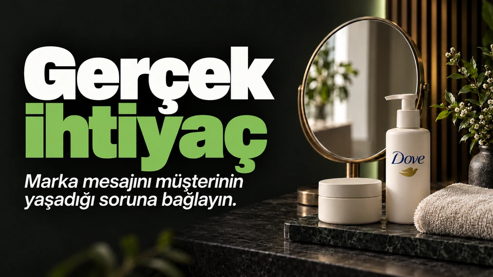 Gerçek ihtiyaç: Ayna ve sade bakım ürünü. Sağdaki sahnede Dove logosu.