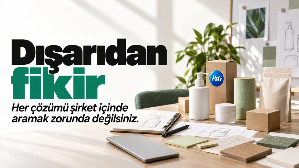 Dışarıdan fikir: Ortak prototip masası ve farklı parçalar. Sağdaki sahnede P&G logosu.