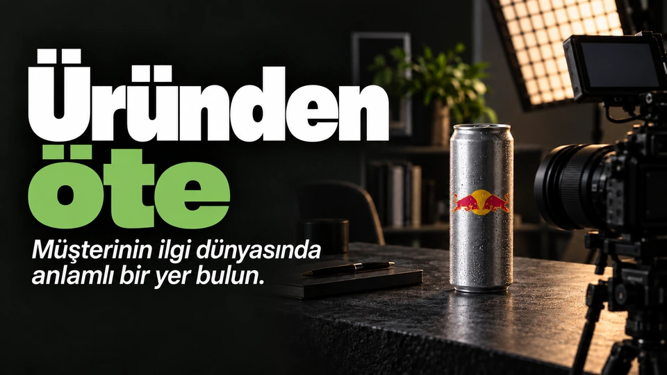 Üründen öte: İçecek kutusu ve çekim kamerası. Sağdaki sahnede Red Bull logosu.