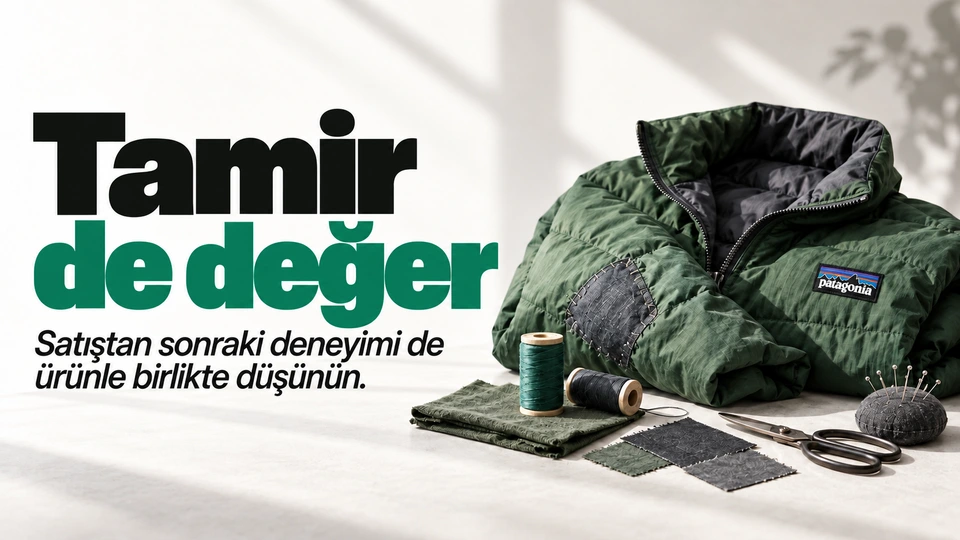 Tamir de değer: Onarılmış mont ve dikiş takımı. Sağdaki sahnede Patagonia logosu.