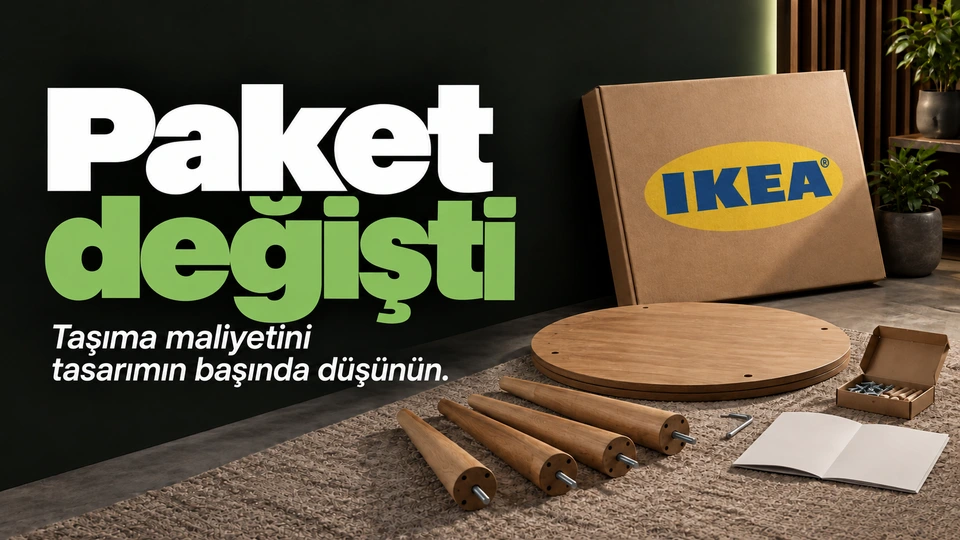 Paket değişti: Düz paket ve ayrılmış masa ayakları. Sağdaki sahnede IKEA logosu.