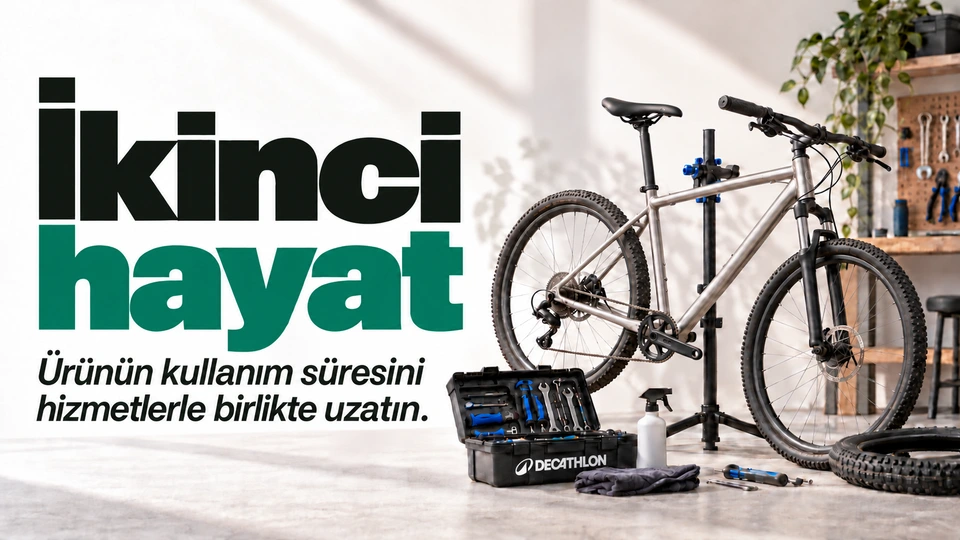 İkinci hayat: Onarılmış bisiklet ve servis takımı. Sağdaki sahnede Decathlon logosu.
