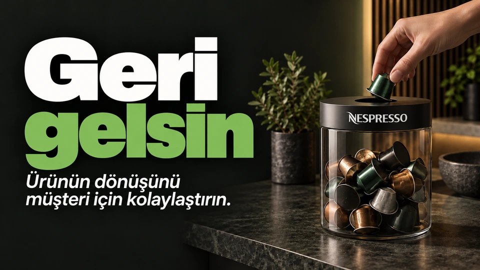 Geri gelsin: Kapsül ve toplama kabı. Sağdaki sahnede Nespresso logosu.