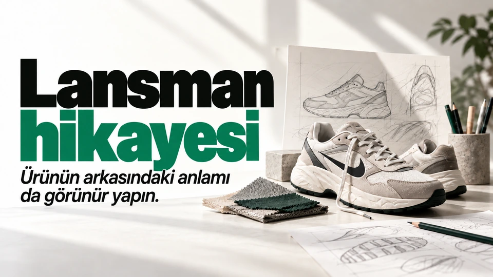 Lansman hikayesi: Spor ayakkabı ve tasarım eskizi. Sağdaki sahnede Nike logosu.