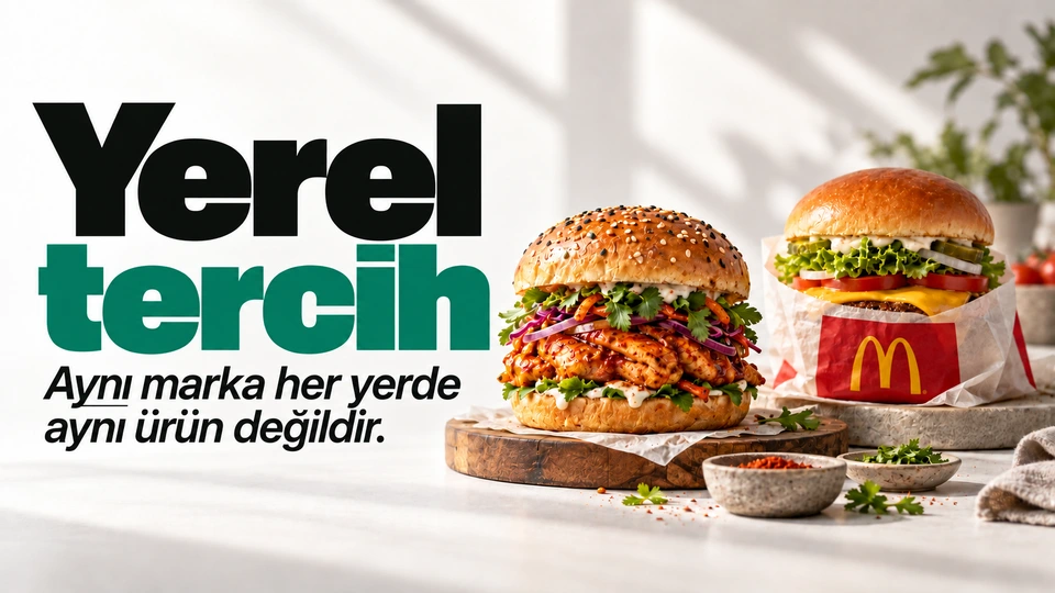 Yerel tercih: Farklı içeriklerle hazırlanmış iki burger. Sağdaki sahnede McDonalds logosu.
