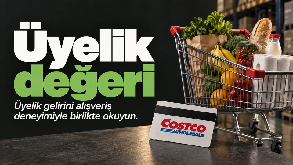 Üyelik değeri: Üyelik kartı ve dolu sepet. Sağdaki sahnede Costco logosu.