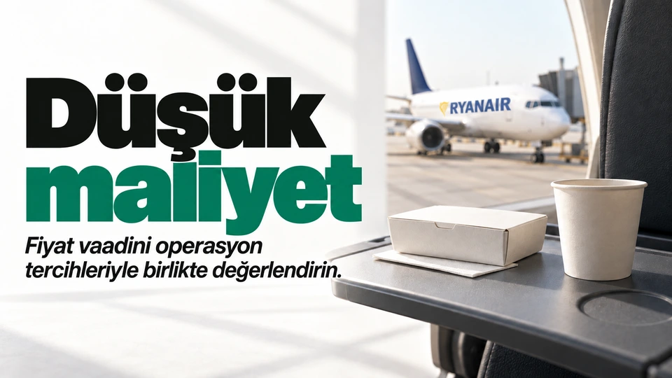 Düşük maliyet: Uçak modeli ve sade hizmet tepsisi. Sağdaki sahnede Ryanair logosu.