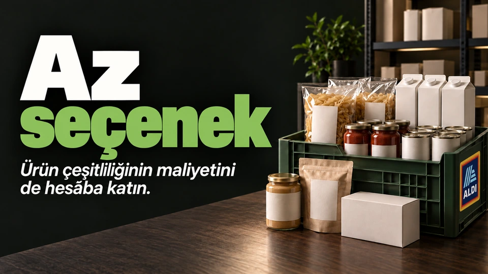 Az seçenek: Az sayıda düzenli ürün paketi. Sağdaki sahnede ALDI logosu.