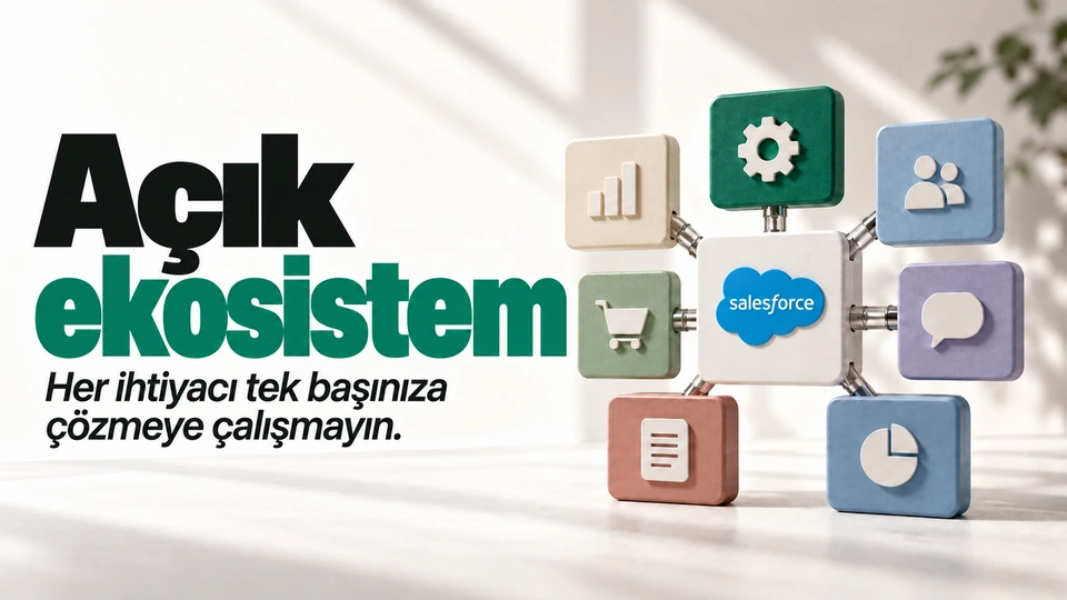 Açık ekosistem: Ana sisteme eklenen uygulama modülleri. Sağdaki sahnede Salesforce logosu.