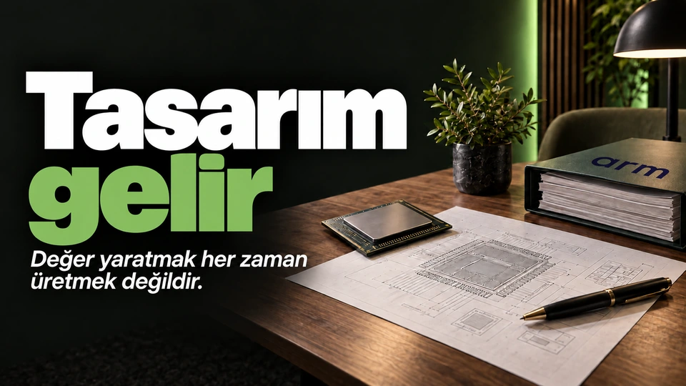 Tasarım gelir: Çip taslağı ve lisans dosyası. Sağdaki sahnede ARM logosu.