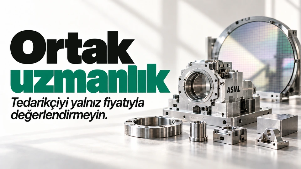 Ortak uzmanlık: Birleşen hassas makine parçaları. Sağdaki sahnede ASML logosu.