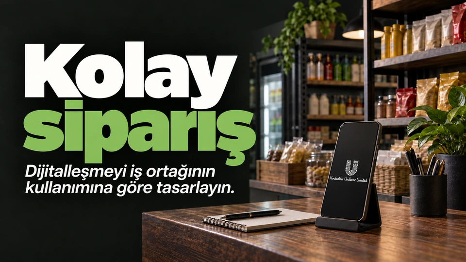 Kolay sipariş: Küçük mağaza rafı ve telefon. Sağdaki sahnede HindustanUnilever logosu.