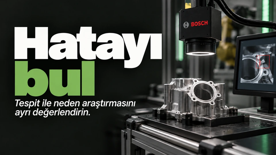 Hatayı bul: İncelenen üretim parçası ve optik sensör. Sağdaki sahnede Bosch logosu.