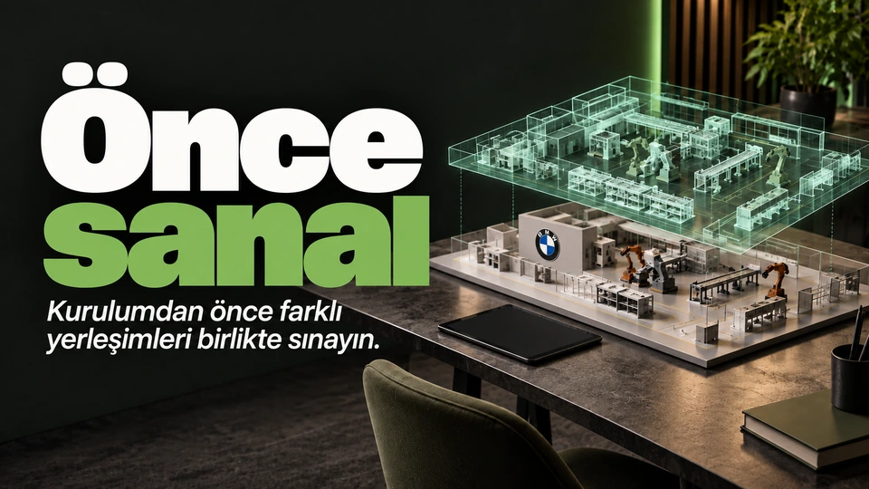 Önce sanal: Fiziksel fabrika maketi ve saydam ikizi. Sağdaki sahnede BMW logosu.