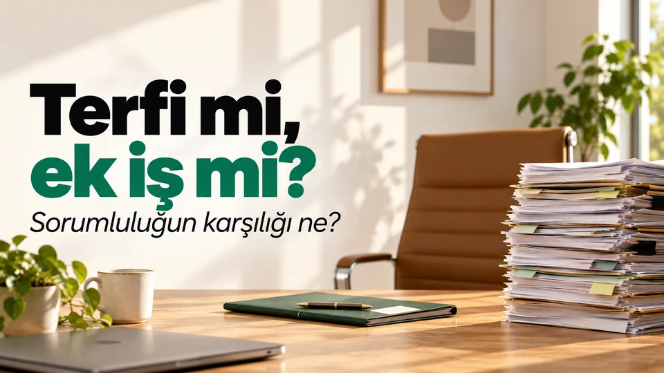 Terfi mi, ek iş mi? Sorumluluğun karşılığı ne? Yoğun görev dosyaları yanında yönetici koltuğu ve düzenli rol dosyası.