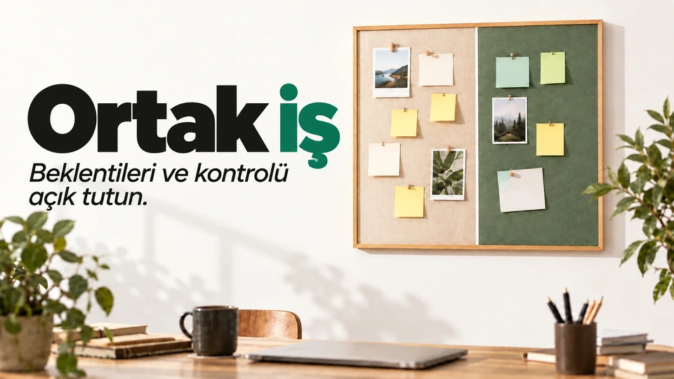 Ortak iş başlığı yanında görev panosu ve bilgisayar