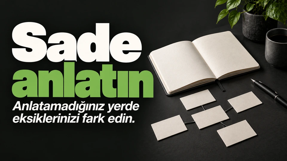 Sade anlatın: Açık defter ve birbirine bağlanan kartlar.
