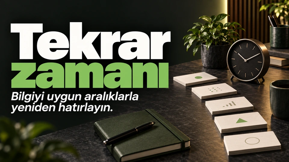 Tekrar zamanı: Aralıklı yerleştirilmiş bilgi kartları ve saat.