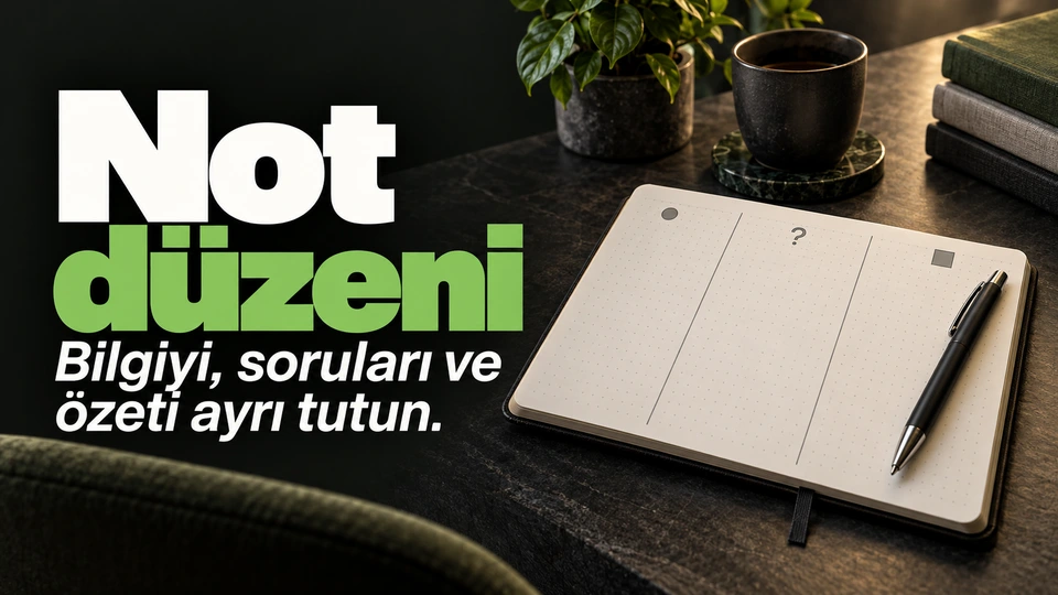 Not düzeni: Üç bölümlü defter sayfası ve kalem.
