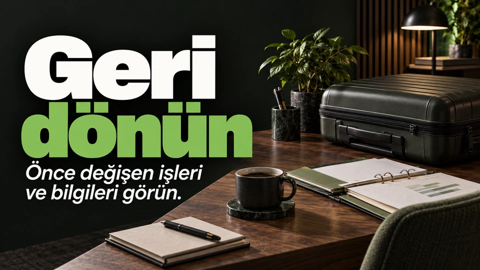 Geri dönün: Kapatılmış seyahat çantası ve açık iş dosyası.
