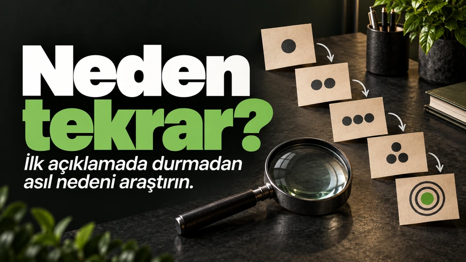 Neden tekrar?: Birbirine bağlı neden kartları ve büyüteç.