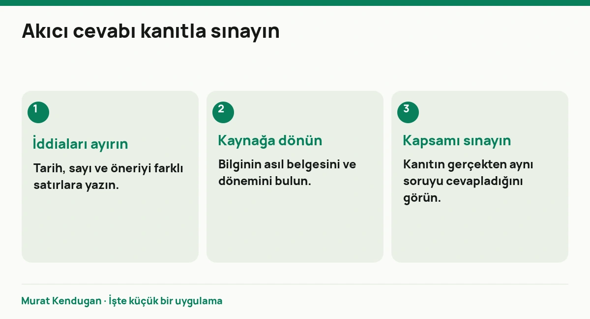 Akıcı cevabı kanıtla sınayın: İddiaları ayırın. Tarih, sayı ve öneriyi farklı satırlara yazın. Kaynağa dönün. Bilginin asıl belgesini ve dönemini bulun. Kapsamı sınayın. Kanıtın gerçekten aynı soruyu cevapladığını görün.