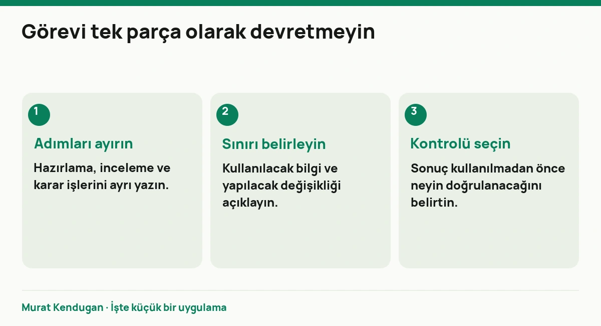 Görevi tek parça olarak devretmeyin: Adımları ayırın. Hazırlama, inceleme ve karar işlerini ayrı yazın. Sınırı belirleyin. Kullanılacak bilgi ve yapılacak değişikliği açıklayın. Kontrolü seçin. Sonuç kullanılmadan önce neyin doğrulanacağını belirtin.