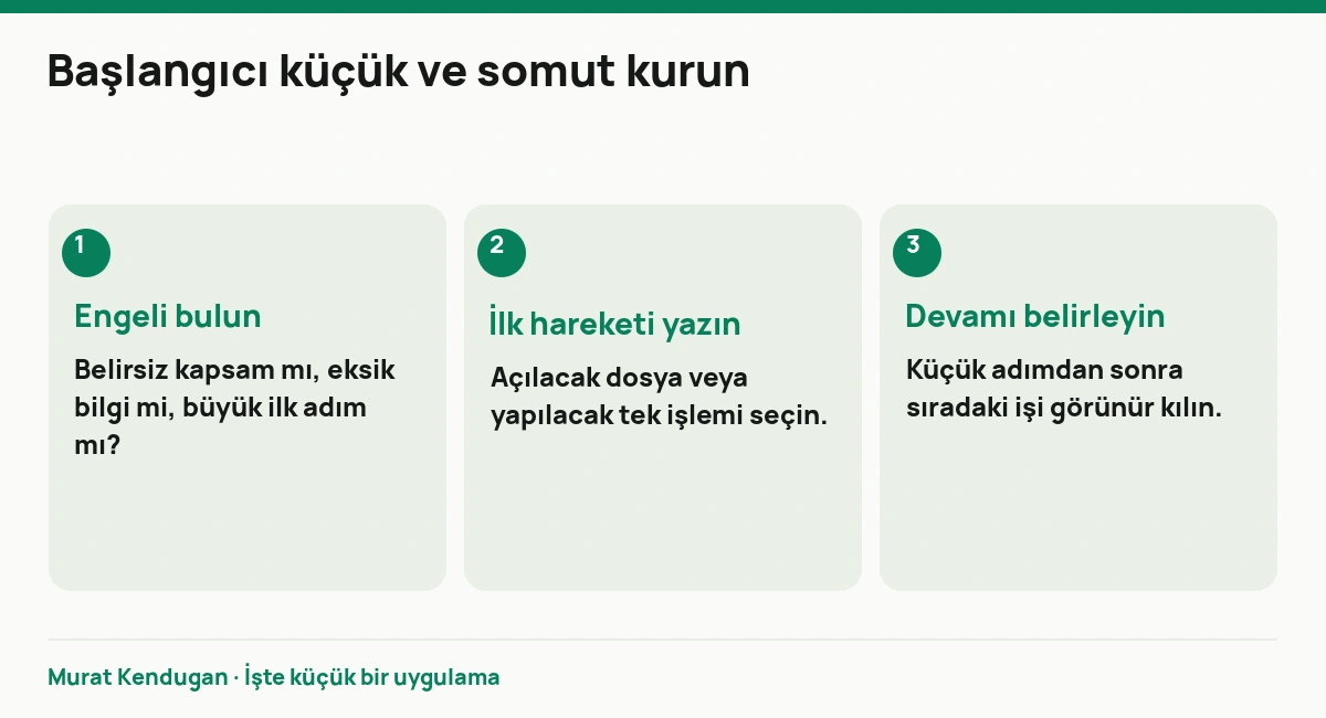 Başlangıcı küçük ve somut kurun: Engeli bulun. Belirsiz kapsam mı, eksik bilgi mi, büyük ilk adım mı? İlk hareketi yazın. Açılacak dosya veya yapılacak tek işlemi seçin. Devamı belirleyin. Küçük adımdan sonra sıradaki işi görünür kılın.