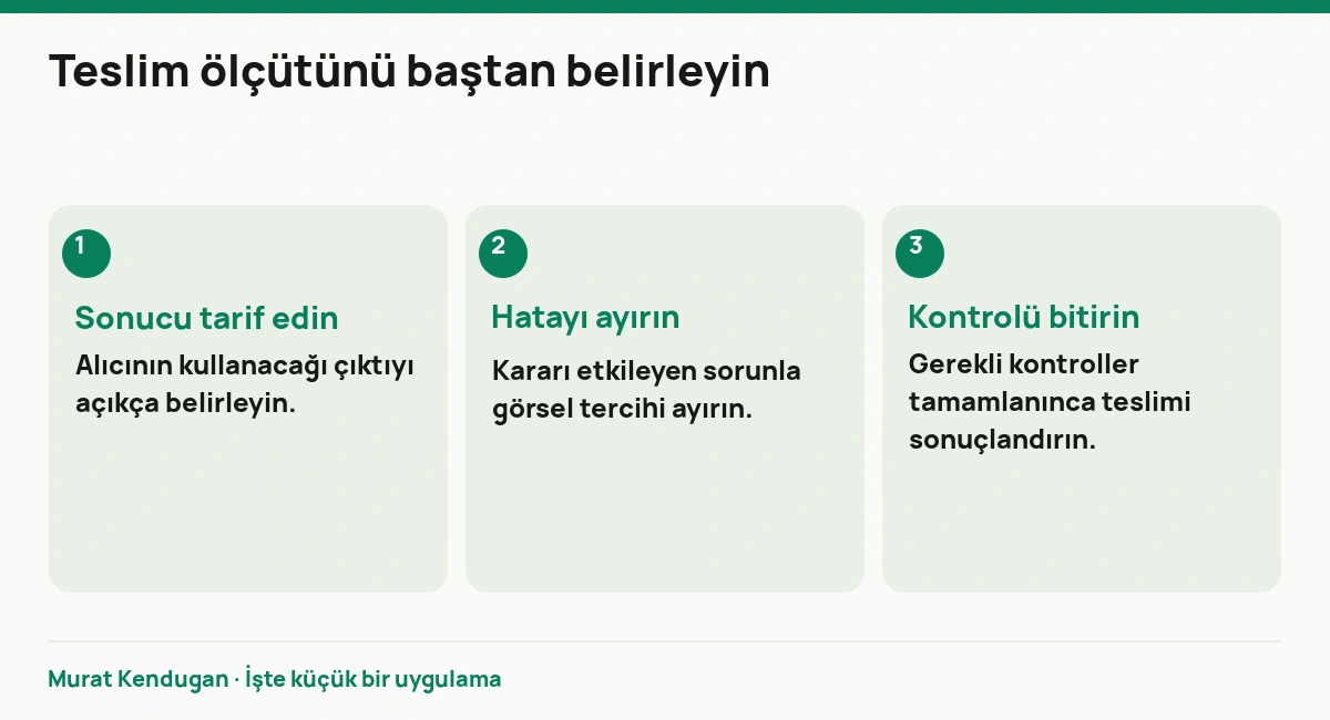 Teslim ölçütünü baştan belirleyin: Sonucu tarif edin. Alıcının kullanacağı çıktıyı açıkça belirleyin. Hatayı ayırın. Kararı etkileyen sorunla görsel tercihi ayırın. Kontrolü bitirin. Gerekli kontroller tamamlanınca teslimi sonuçlandırın.