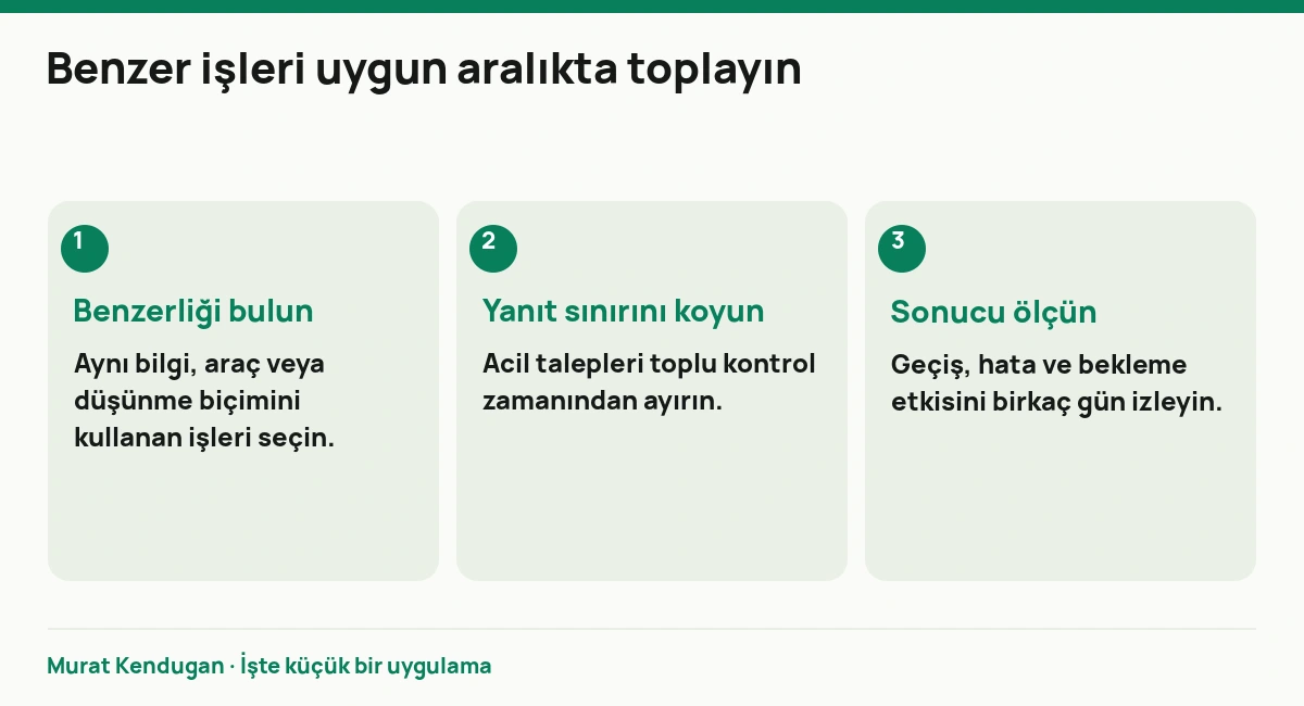 Benzer işleri uygun aralıkta toplayın: Benzerliği bulun. Aynı bilgi, araç veya düşünme biçimini kullanan işleri seçin. Yanıt sınırını koyun. Acil talepleri toplu kontrol zamanından ayırın. Sonucu ölçün. Geçiş, hata ve bekleme etkisini birkaç gün izleyin.