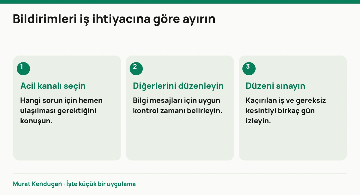 Bildirimleri iş ihtiyacına göre ayırın: Acil kanalı seçin. Hangi sorun için hemen ulaşılması gerektiğini konuşun. Diğerlerini düzenleyin. Bilgi mesajları için uygun kontrol zamanı belirleyin. Düzeni sınayın. Kaçırılan iş ve gereksiz kesintiyi birkaç gün izleyin.