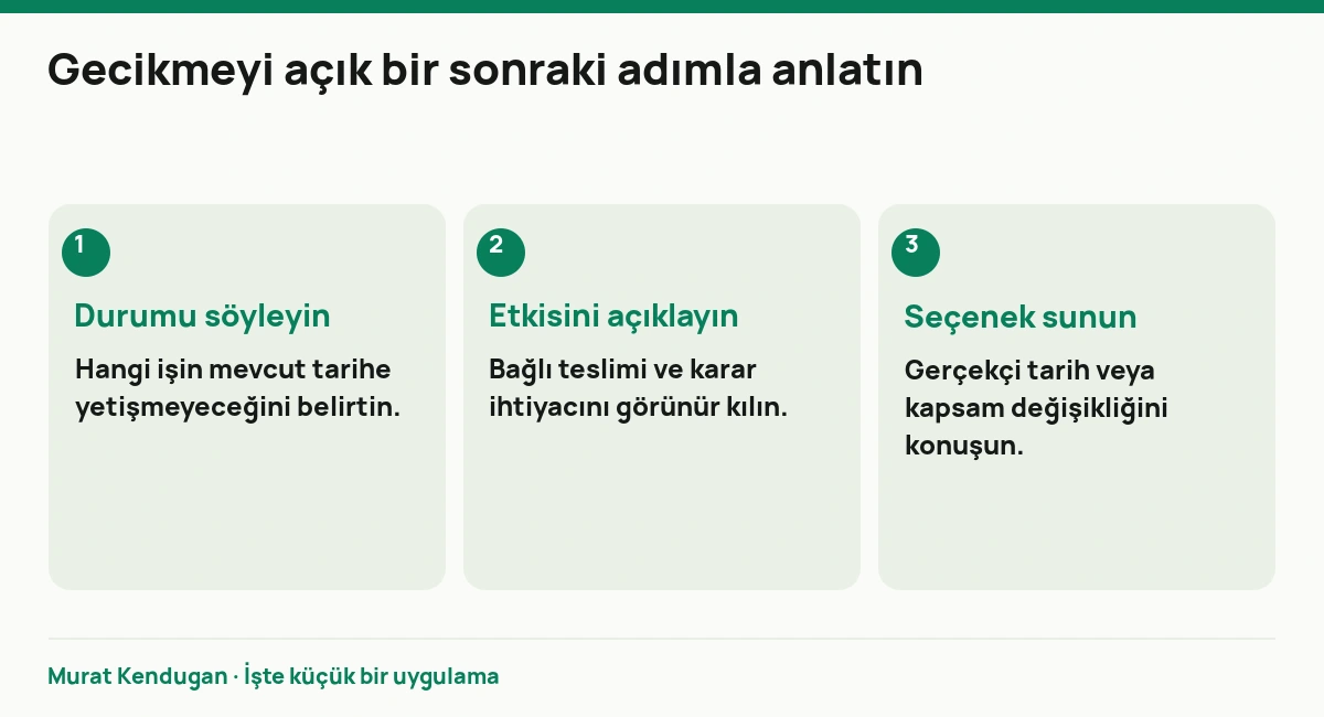 Gecikmeyi açık bir sonraki adımla anlatın: Durumu söyleyin. Hangi işin mevcut tarihe yetişmeyeceğini belirtin. Etkisini açıklayın. Bağlı teslimi ve karar ihtiyacını görünür kılın. Seçenek sunun. Gerçekçi tarih veya kapsam değişikliğini konuşun.