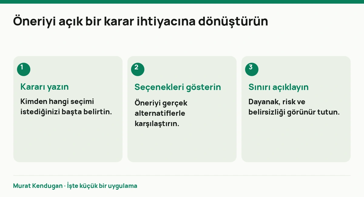 Öneriyi açık bir karar ihtiyacına dönüştürün: Kararı yazın. Kimden hangi seçimi istediğinizi başta belirtin. Seçenekleri gösterin. Öneriyi gerçek alternatiflerle karşılaştırın. Sınırı açıklayın. Dayanak, risk ve belirsizliği görünür tutun.