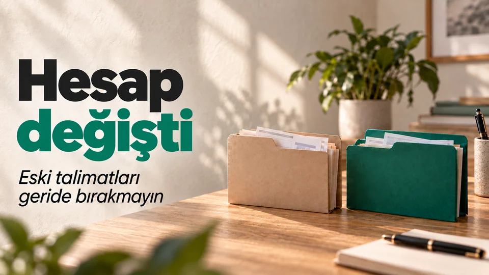 Hesap değişti başlığı; doğal ışıklı masada kraft ve yeşil hesap dosyaları.