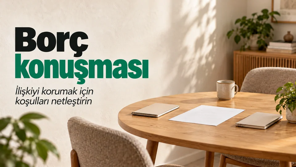 Borç konuşması başlığı; iki sandalyeli doğal ahşap masada iki defter ve ortak not.