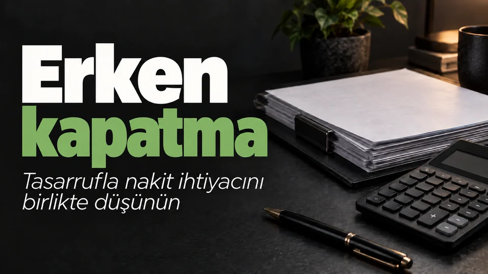 Erken kapatma başlıklı kişisel finans kapağı; Kredi dosyası ve hesap makinesi.