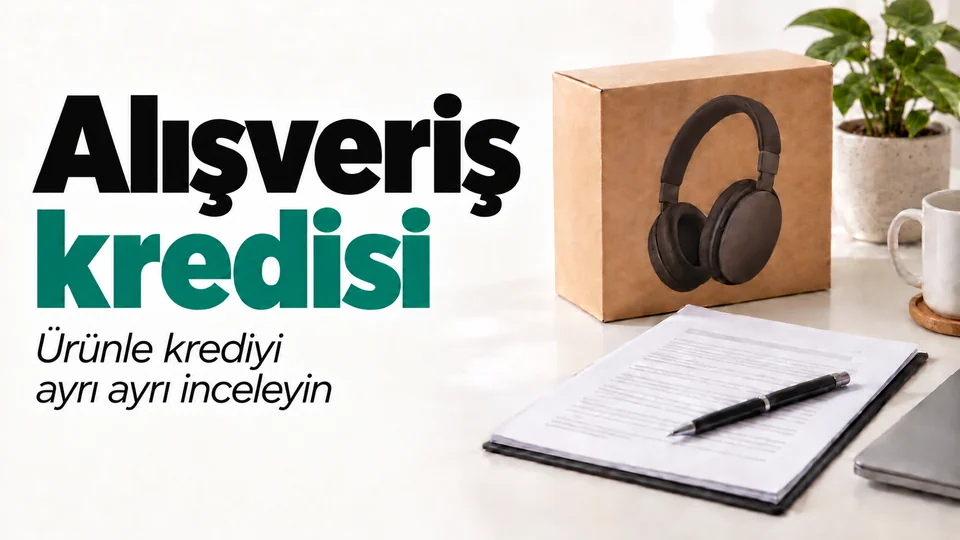 Alışveriş kredisi başlıklı kişisel finans kapağı; Ürün kutusu ve sözleşme.
