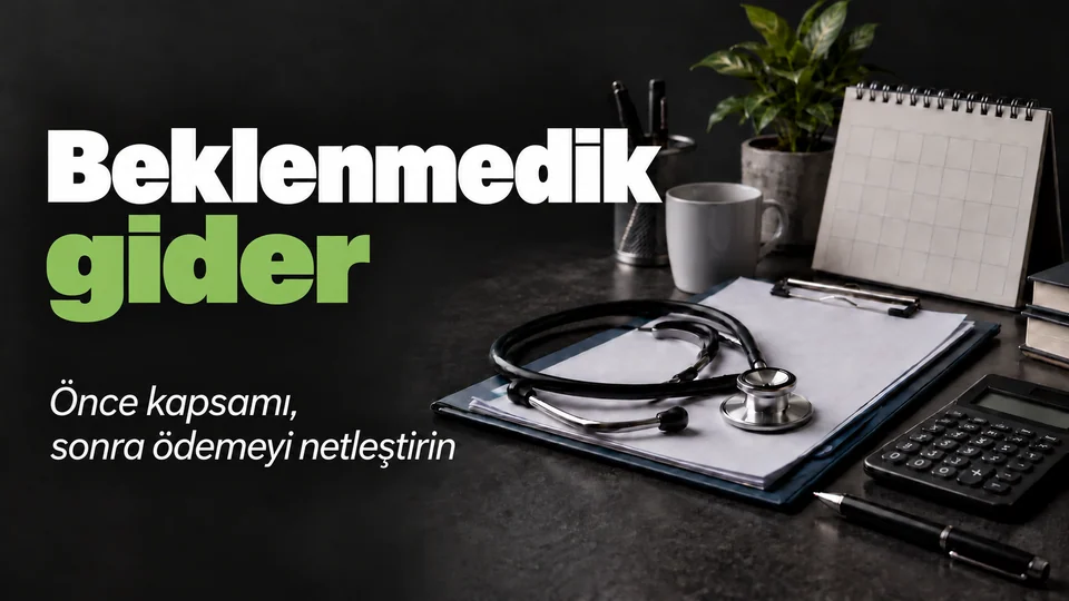 Beklenmedik gider başlıklı kişisel finans kapağı; Sağlık dosyası ve takvim.