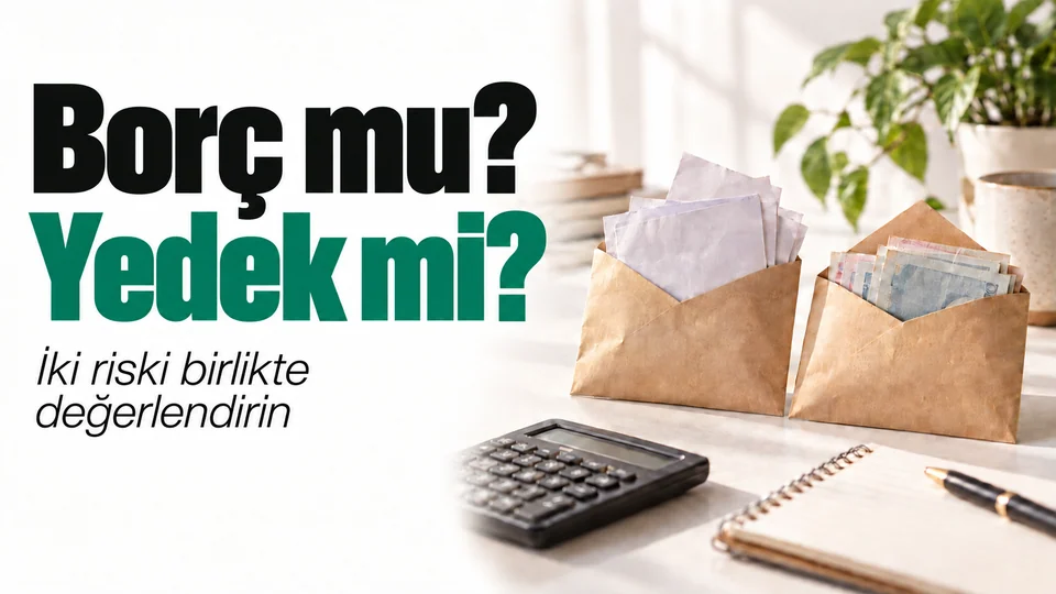 Borç mu? Yedek mi? başlıklı kişisel finans kapağı; Borç ve birikim zarfları.