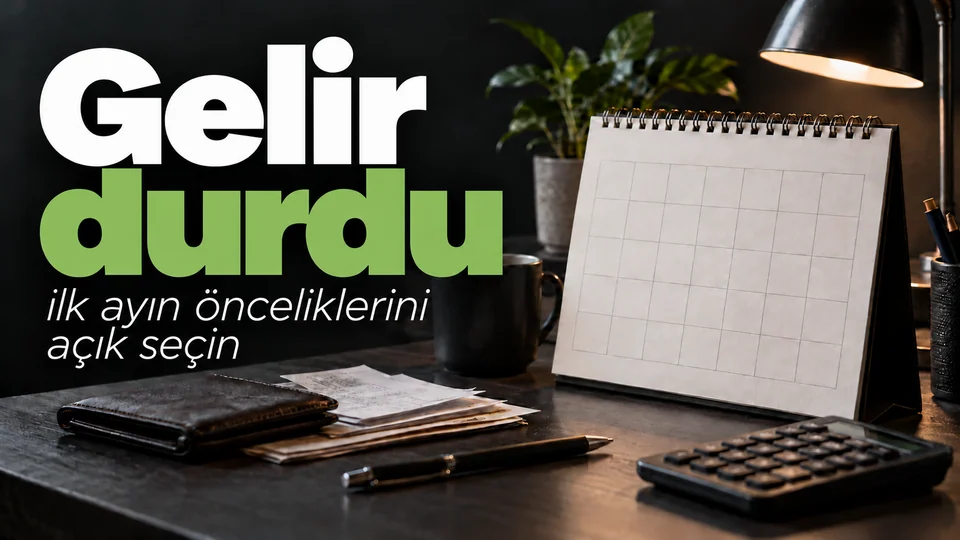 Gelir durdu başlığı; koyu masada boş takvim, cüzdan, ödeme kağıtları ve hesap makinesi.