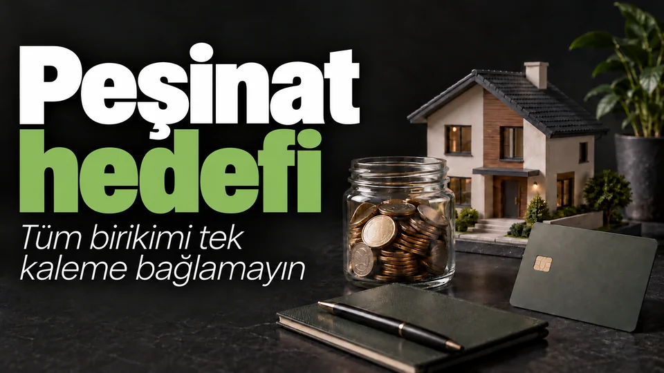 Peşinat hedefi başlığı; koyu masada ev maketi, madeni para kavanozu ve kart.