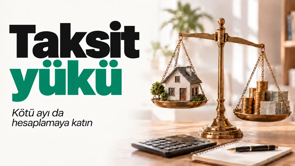 Taksit yükü başlıklı kişisel finans kapağı; Ev ve gelir terazisi.