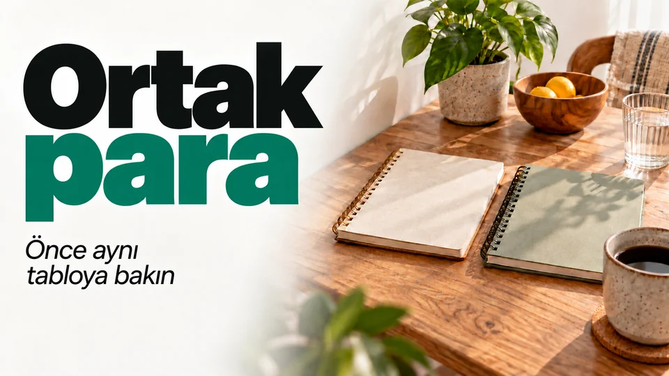Ortak para başlıklı kişisel finans kapağı; İki defter ve ortak masa.