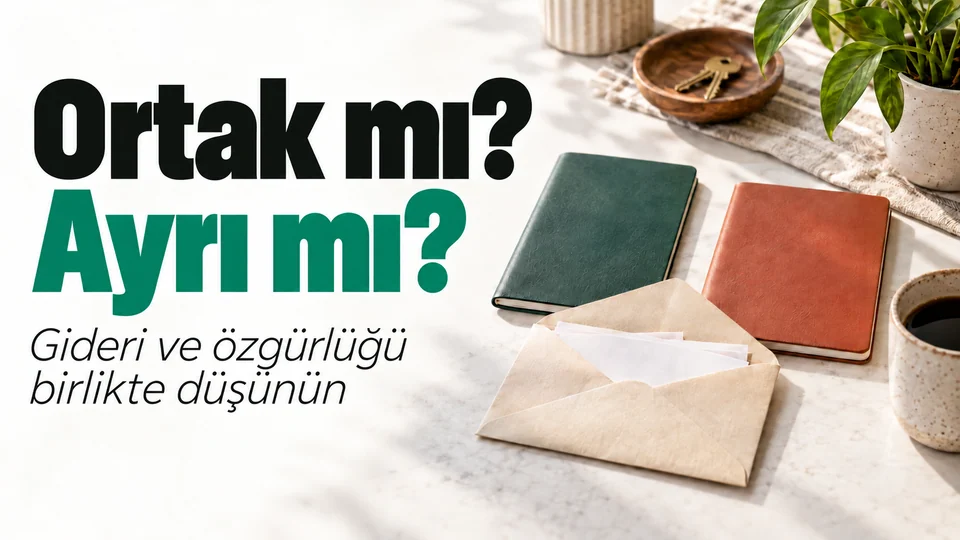 Ortak mı? Ayrı mı? başlıklı kişisel finans kapağı; İki hesap ve ortak zarf.
