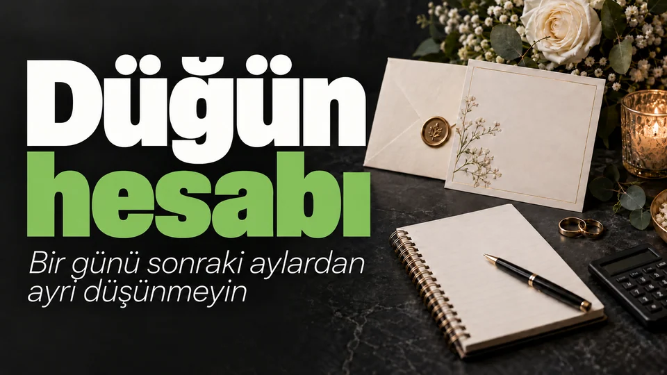 Düğün hesabı başlıklı kişisel finans kapağı; Davetiye ve hesap defteri.