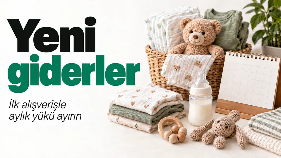 Yeni giderler başlıklı kişisel finans kapağı; Bebek eşyaları ve takvim.