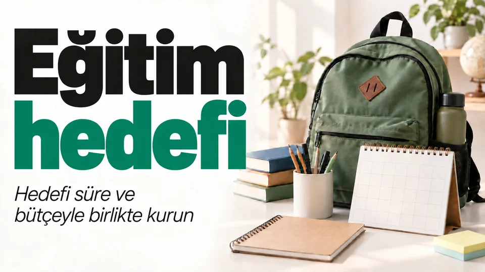 Eğitim hedefi başlıklı kişisel finans kapağı; Okul çantası ve takvim.